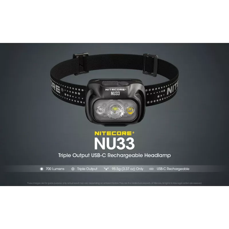Latarka czołowa Nitecore NU33, czarna, 3 diody LED, 700 lm, aluminium, ładowanie przez USB, IP66