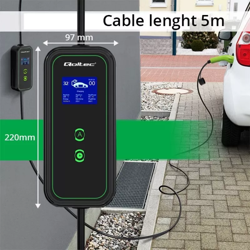 Qoltec Mobilny Ładowarka EV do Samochodu Regulowana 2w1 Type2 | 7kW | 230V | CEE 3 PIN | Wi-Fi | LCD | Przenośna | Wallbox | 5m