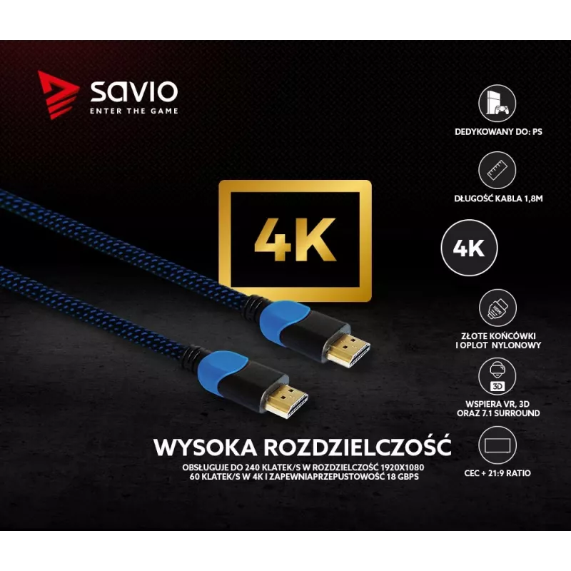 Przewód HDMI Savio GCL-02 1,8 m HDMI Typ A (Standard) Czarny, Niebieski