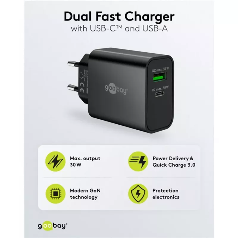 Goobay USB-C PD GaN Dual Fast Charger 30 W czarny (75335)