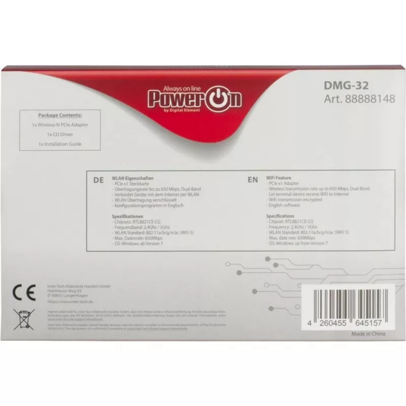 Inter-Tech DMG-32 - Wbudowana - Bezprzewodowa - PCI Express - Wi-Fi - 650 Mbit/s - Czarna - Srebrna (88888148)
