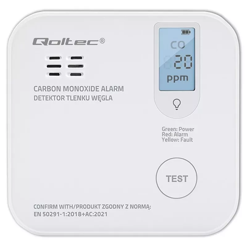 Czujnik tlenku węgla QOLTEC 52577 — alarm zasilany bateriami, poziom dźwięku 85 dB