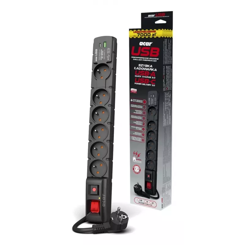 Listwa przeciwprzepięciowa ACAR W2436 Czarna 6 gniazd AC 230V 1.5m