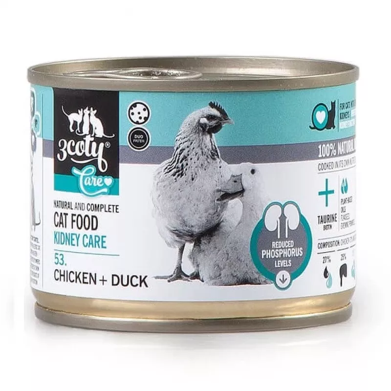 Mokra karma dla kotów 3coty 53 Chicken Duck Kidney Care puszka 180 g, pełnoporcjowa dieta dla dorosłych kotów, białko 17%, tłuszcz 7%, wilgotność 68%