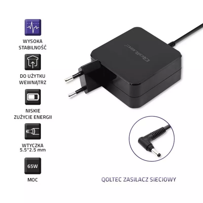 Qoltec 51745 zasilacz/przetwornica wewnętrzna 65 W Czarny