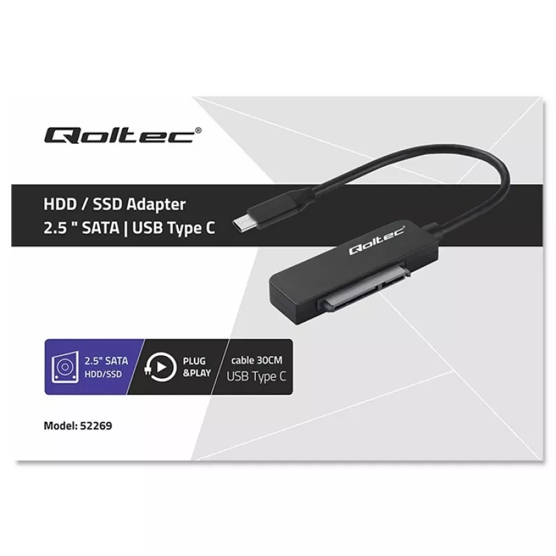 Adapter SATA QOLTEC 52269 do napędu 2,5 cala na USB-C, obsługa do 2 TB