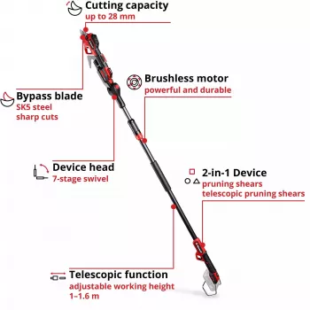 Nożyce do gałęzi EINHELL GP-LS 18/28 Li T BL-Solo — bezprzewodowe teleskopowe nożyce boczne, 18 V, zdolność cięcia 2,8 cm, aluminiowa rączka
