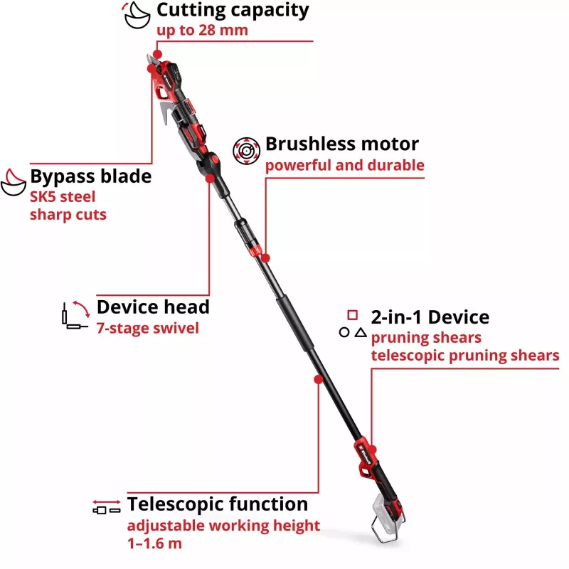 Nożyce do gałęzi EINHELL GP-LS 18/28 Li T BL-Solo — bezprzewodowe teleskopowe nożyce boczne, 18 V, zdolność cięcia 2,8 cm, aluminiowa rączka