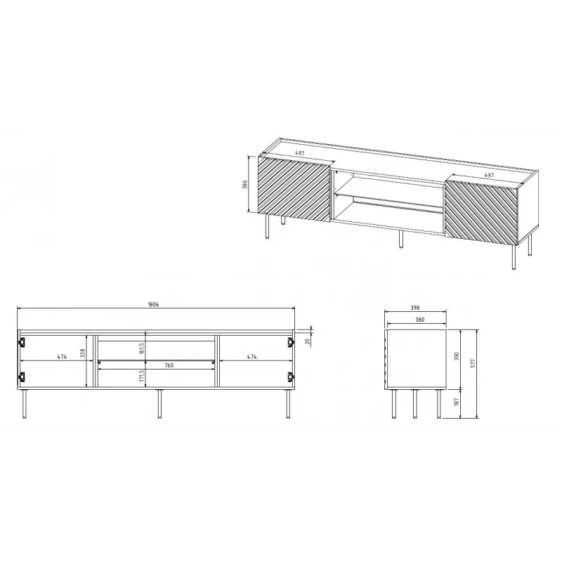 Szafka RTV z kominkiem elektrycznym Cama Meble ONDA 180.5×40×58.0 cm, płyta wiórowa, zielona, wolnostojąca lub do montażu na ścianie