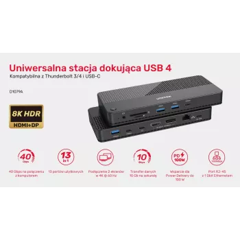 Stacja dokująca UNITEK D1079A USB4 przewodowa czarna 100W Power Delivery