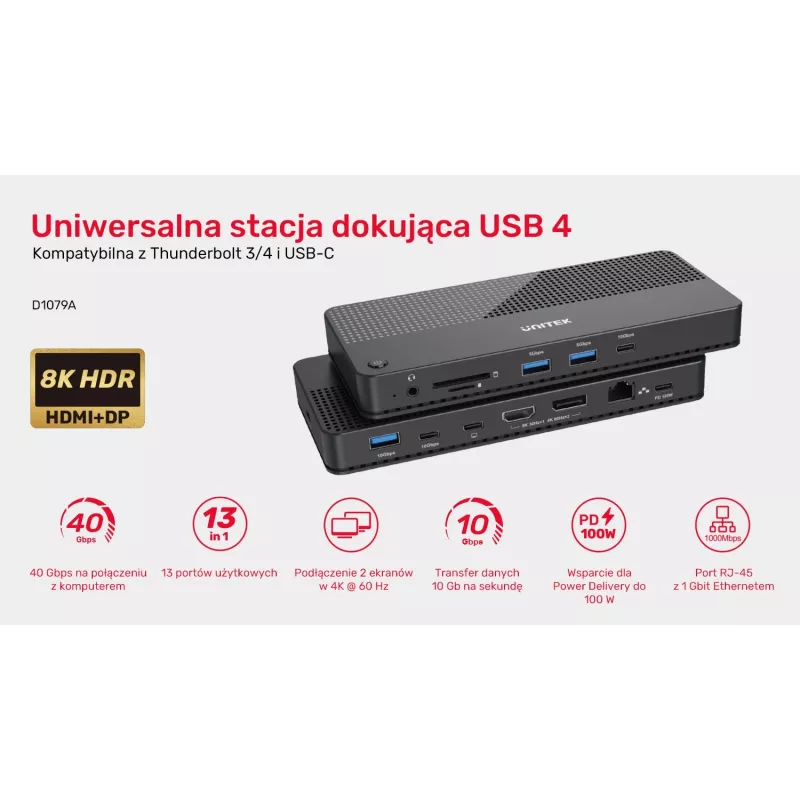 Stacja dokująca UNITEK D1079A USB4 przewodowa czarna 100W Power Delivery
