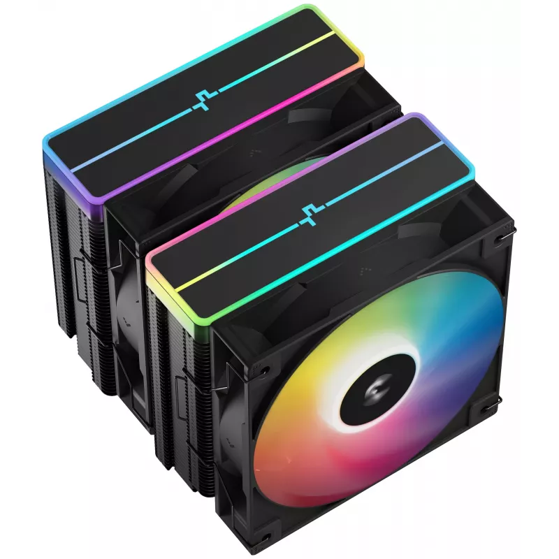 Chłodzenie powietrzne DeepCool AG620 BK ARGB V2 — 120 mm podwójny wentylator, 6 rurek cieplnych, obsługa LGA 1700/AM4/AM5, czarny