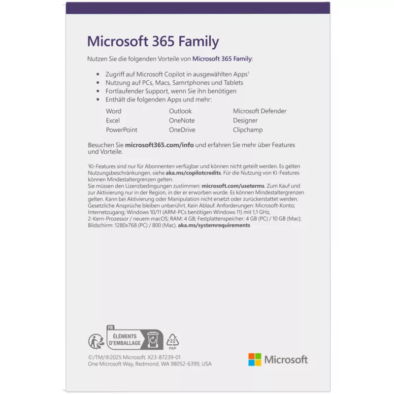 Microsoft 365 Family Box Pack 1 year Up to 6 people Android iOS Windows MacOS