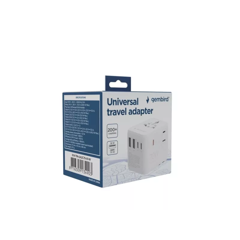 Adapter podróżny GEMBIRD TPA-2A3C70-01-W — wtyczka typu I, 3× USB-C (70W), 2× USB-A (18W), 100–250V, biały