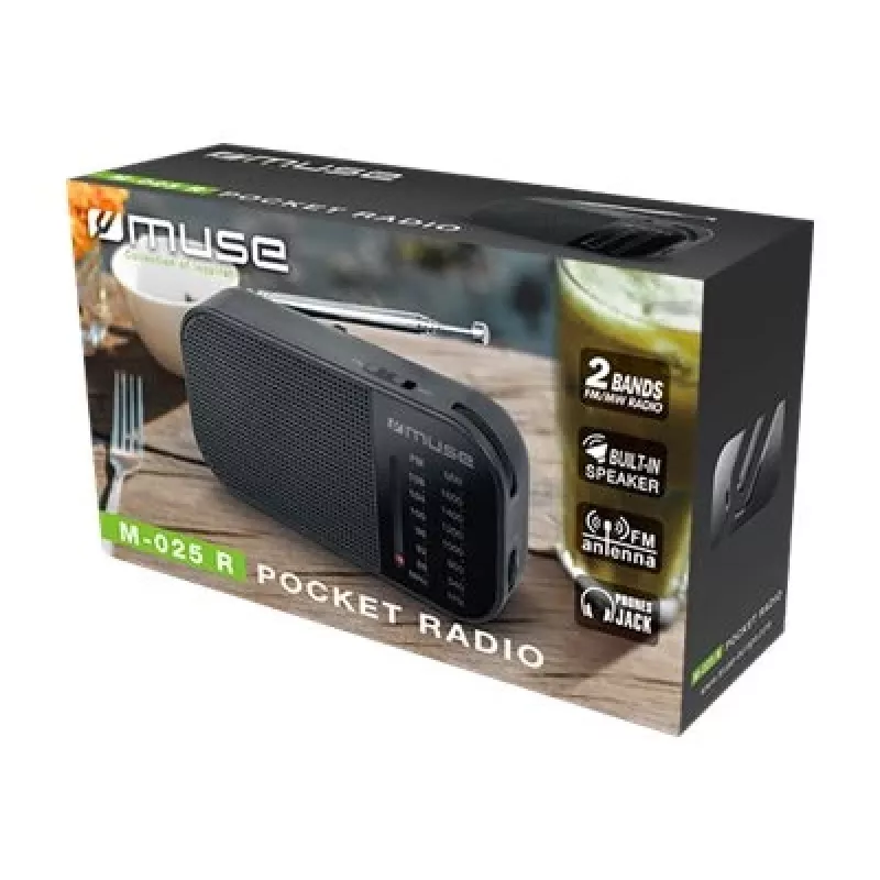 Radio przenośne Muse M-025 R — MW/FM, czarne, zasilane bateriami, kompaktowe (32×130×70 mm)
