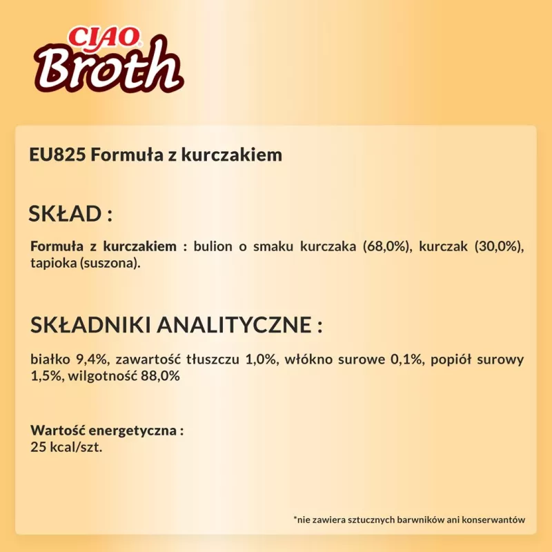 Mokry przysmak dla kota INABA Ciao Broth Chicken 40 g saszetka — mięsny płyn, bezzbożowy, bezglutenowy i bez soi