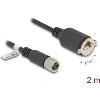 Kabel sieciowy DeLOCK M12 X-kodowany 8-pinowy żeński do gniazda RJ45 do montażu panelowego Kat.6A 2 m czarny