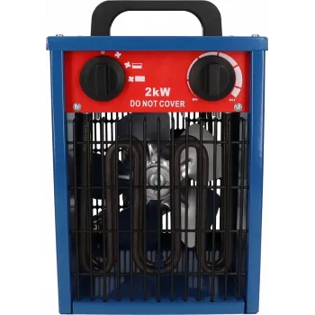 Wentylatorowy grzejnik elektryczny BLAUPUNKT EH7010 — 2000 W, element ze stali nierdzewnej, IPX4, do użytku na podłodze, do 22 m², czarno-niebiesko-czerwony
