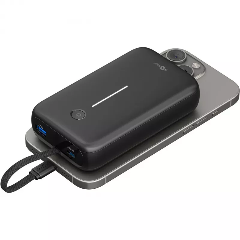 Powerbank 20 000 mAh, zintegrowany kabel USB-C 13 cm, 30 W (czarny, 20 Ah, 1x USB-A, 2x USB-C, PD, QC)