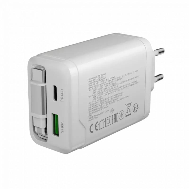 Ładowarka CANYON OnCharge 65RC z wbudowanym kablem USB-C 65W, 1x PD, 1x QC, wtyczka EU, biała