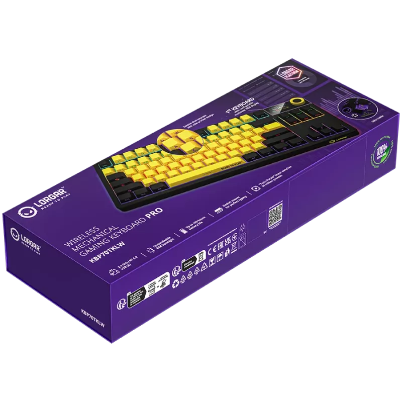 LORGAR KBP70TKLW, Bezprzewodowa mechaniczna klawiatura gamingowa TKL Pro, czarno-żółta, układ EN