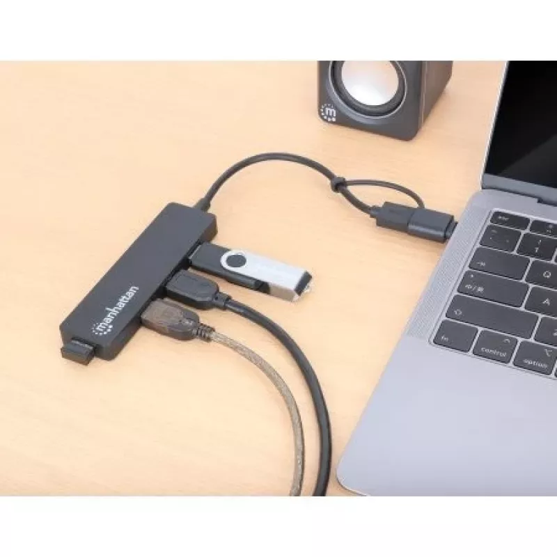 Manhattan USB-C & USB-A Combo Dock/Hub, Porty (4): USB-A (x4), 5 Gb/s (USB 3.2 Gen1 znane jako USB 3.0), zasilany przez USB (nie wymaga zewnętrznego zasilacza)