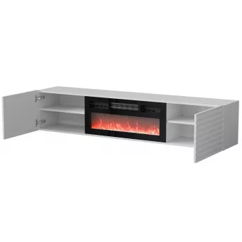 Szafka RTV Cama Meble TULA z kominkiem elektrycznym, 1830×350×370 mm, blat i rama w kolorze białym matowym