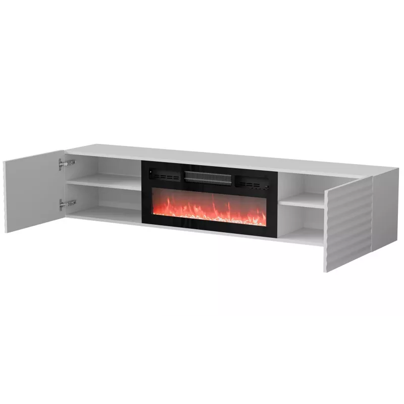 Szafka RTV Cama Meble TULA z kominkiem elektrycznym, 1830×350×370 mm, blat i rama w kolorze białym matowym