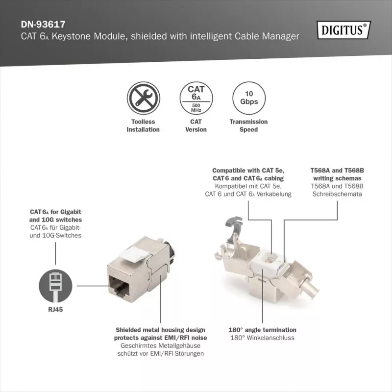 Digitus CAT 6A Keystone module, shielded with intelligent kabel manager