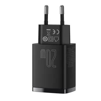 Wewnętrzna szybka ładowarka USB Baseus CCXJ-B01 — 2 porty (USB-C PD 20W + USB-A QC3.0 18W), 100–240 V, czarna