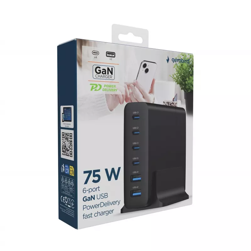 GEMBIRD ładowarka do urządzeń mobilnych TA-UC-2A4C-PD75-01-BK — 75 W, 4× USB-C + 2× USB-A, PD i QC3.0, jednoczesne ładowanie 6 urządzeń, kabel 1,5 m, czarna