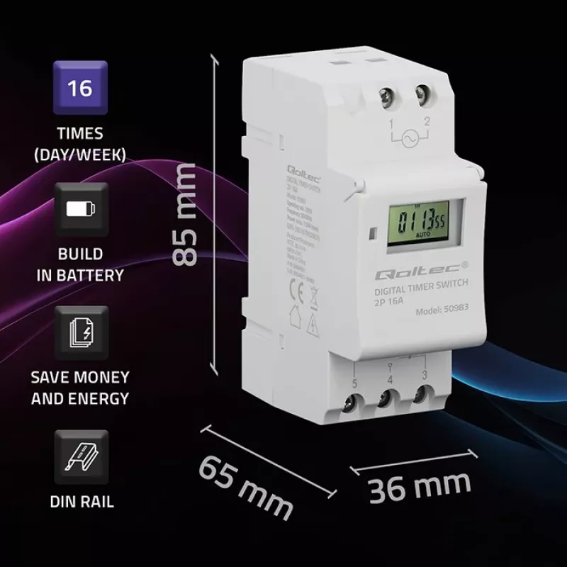 Elektroniczny przekaźnik czasowy na szynę DIN QOLTEC 50983, zasilany baterią, do obwodów automatyki