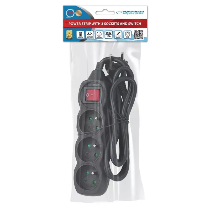 Przedłużacz ESPERANZA ELK210K — kabel 1,5 m, 3 gniazda AC typu E, wtyczka kątowa, do użytku wewnątrz pomieszczeń, czarny