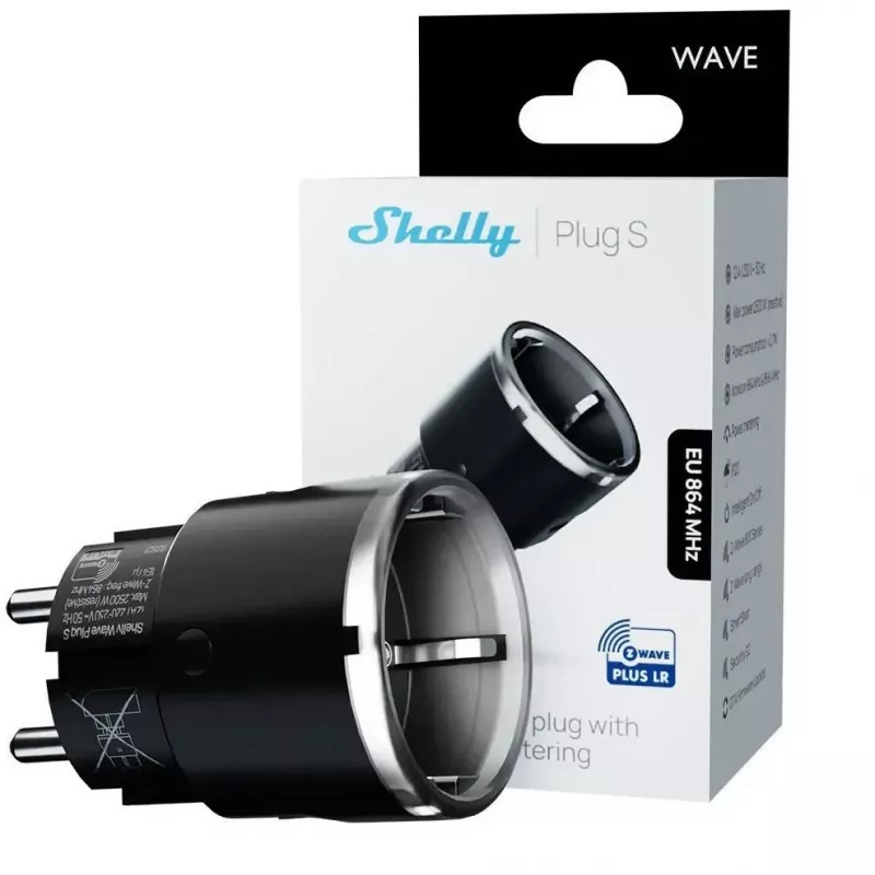 Inteligentna wtyczka Shelly Wave Plug S Z-Wave 800 Czarna — inteligentne gniazdko Z-Wave 800, 230V/12A, 2500W, pomiar energii
