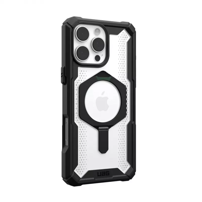 Etui Urban Armor Gear Plasma XTE na iPhone 16 Pro Max z maksymalnym rozmiarem ekranu 17,5 cm (6,9 cala). Czarno-przezroczysty design, metalowa nóżka, kompatybilność z MagSafe. Ochrona przed upadkami i zarysowaniami.