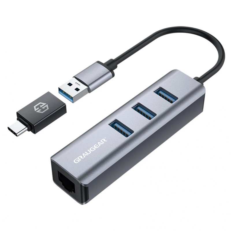GRAUGEAR USB Hub G-HUB31L-A — USB 3.2 Gen 1 Type-A host, 3x USB 3.2 Gen 1 Type-A ports + RJ-45, 5000 Mbit/s