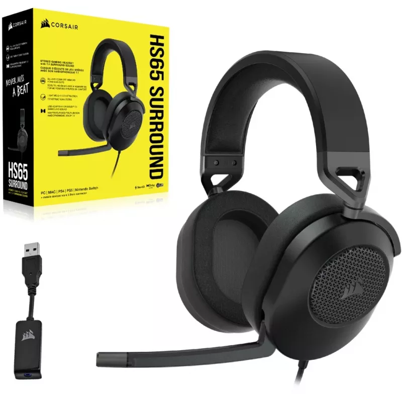 Headset CORSAIR HS65 SURROUND przewodowy zestaw słuchawkowy do gier, nauszny, 3,5 mm + adapter USB, 32 Ω, 282 g, carbon