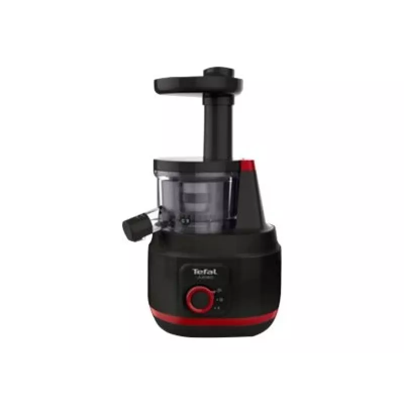 Wolnoobrotowa wyciskarka do soków Tefal Juiceo ZC150 — 150 W, otwór zasypowy 4,5 cm, pojemniki na sok i miąższ 0,8 L, 80 obr./min, czarno-czerwona
