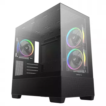 PC Midi Tower DeepCool CG380 3F — czarny, 235×437×451 mm, obsługuje wentylatory boczne 2x120 mm + tylny 1x120 mm, zasilacz na dole, dyski twarde 2,5 cala/3,5 cala