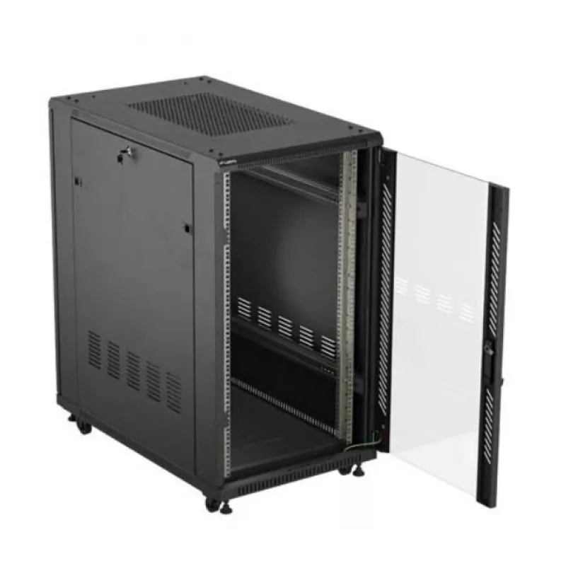 Szafa rack 19 cali LANBERG 22U 600x1000 mm, czarna, szklane drzwi przednie i tylne