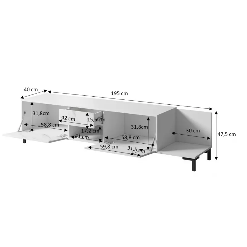 Szafka RTV Cama Meble MARMO 2D1S1K, 195x40x47,5 cm, biała mat/top marmur biały