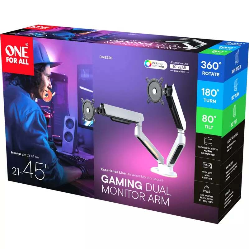 Uniwersalne podwójne ramię do monitora do gier (DM8220), uchwyt monitora biały, RGB