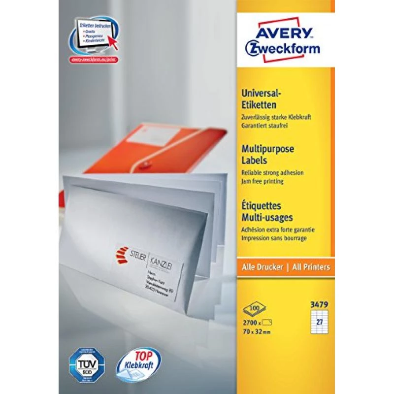 Avery-Zweckform 3479 Etykiety Białe Papier 70x32mm Klej Trwały
