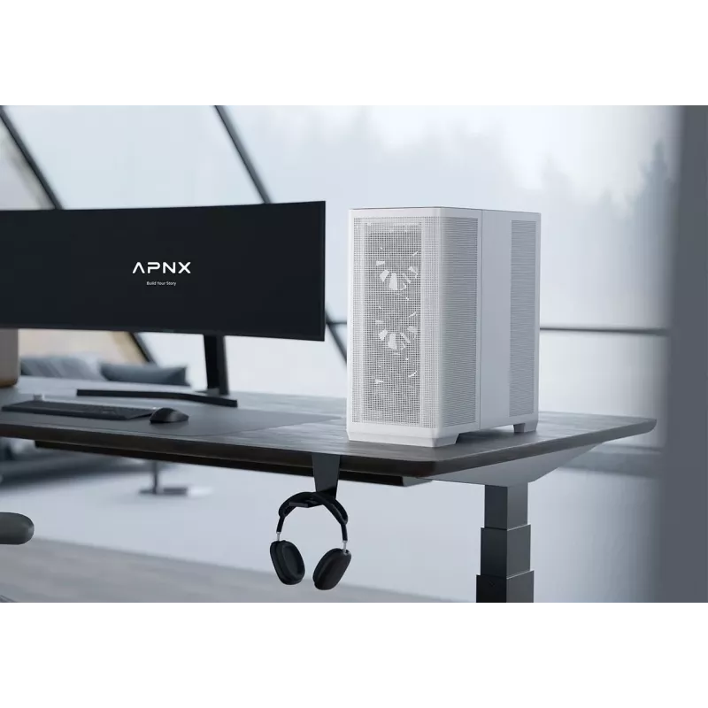 APNX PC Midi Tower C1-R-WT-v1 — Biały, obsługuje ATX/Micro-ATX/Mini-ITX, zainstalowane 3 wentylatory przednie 120 mm, 3 zatoki 3,5 cala + 3 zatoki 2,5 cala, 2x USB 3.2 Gen1