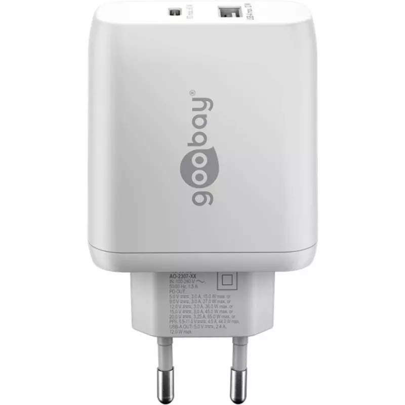 USB-C Dual-Fast Charger, PD, GaN, 65 Watt (biały, 1x USB-C, 1x USB-A, Power Delivery)