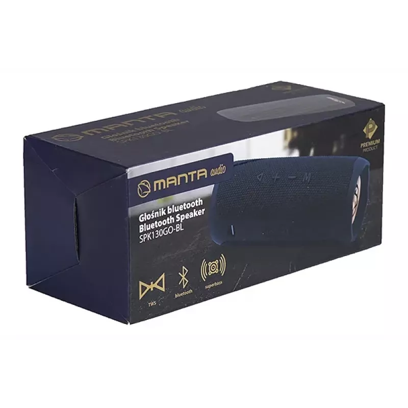 Głośnik przenośny MANTA SPK130GO BT — Bluetooth 5.0, TWS, FM, 10W RMS, akumulatorowy (czarny, 8×8×19 cm)