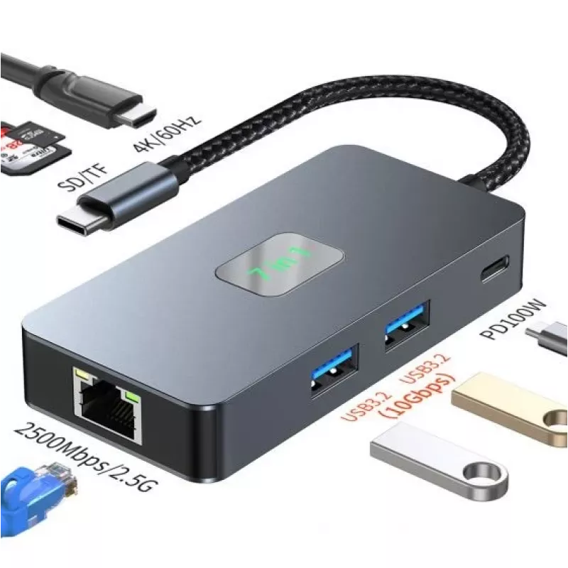 Adapter Hub USB-C (7w1) HDMI USB SD/TF RJ45 (2500 Mb/s) PD