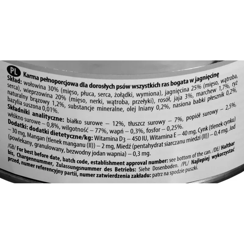 Mokra karma dla psa Dolina Noteci Premium z jagnięciną, puszka 800 g — bezzbożowa, dorosłe psy, białko 12%, wilgotność 77%