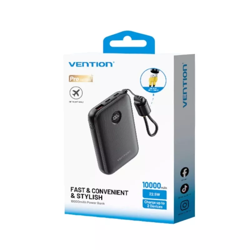 Power bank Vention FKAB0-C 10000 mAh, 2× USB-C + 1× USB-A, 22,5 W, czarny