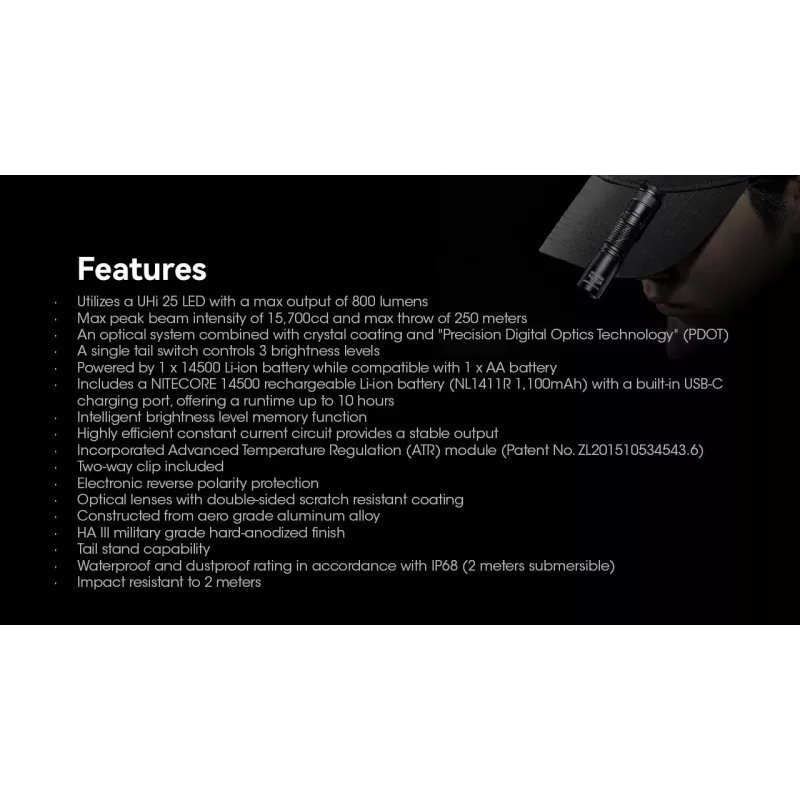 Latarka ręczna Nitecore MT1A Pro — LED 50 lm, USB, akumulatorowa, 1100 mAh, aluminium, wodoszczelna, odporna na wstrząsy, czarna
